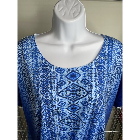 Chico's Women's Blue Ikat Boho Top Size 2 Large Festival Embellished Art To Wear - Picture 5 of 9